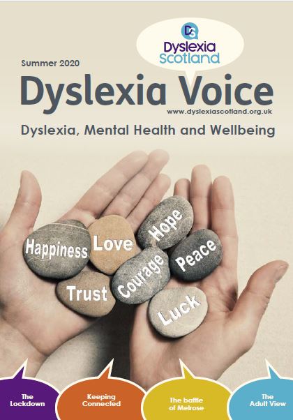 Dyslexia Voice magazine cover showing hands holding pebbles, each one labelled with words like peace, love hope.