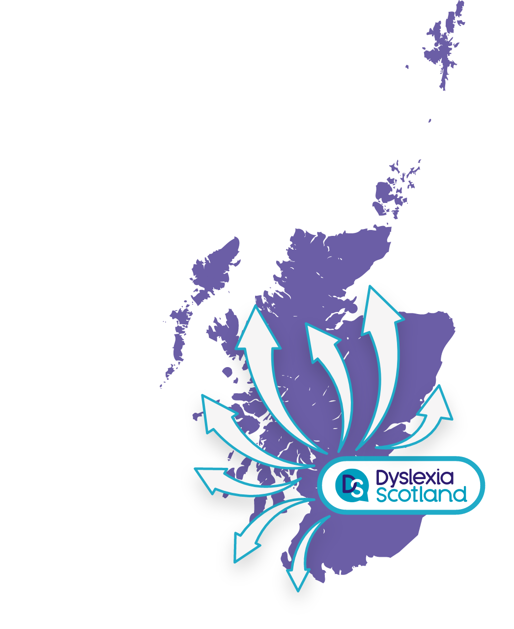 Map of Scotland overlaid with the dyslexia Scotland logo and arrows indicating that Dyslexia Scotland is active all over the country