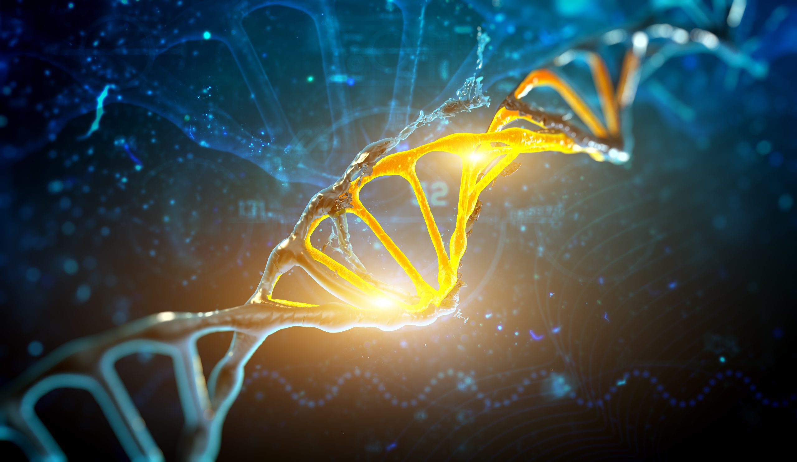 DNA strand in blue, with a gold glow in the centre.