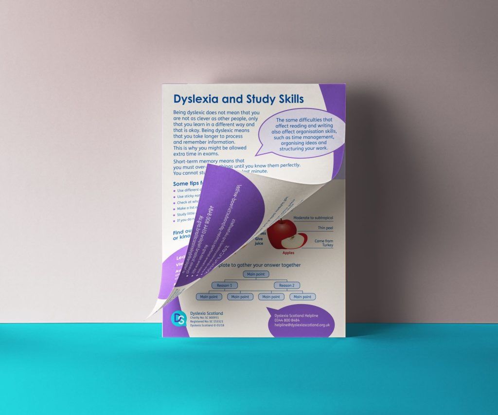 A bundle of A4 leaflets about dyslexia and study skills, leaned against a wall.