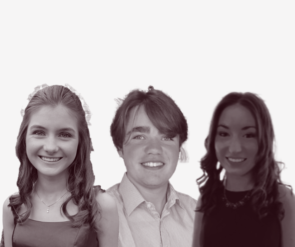 Black and white photo montage of Dyslexia Scotland young ambassadors Kate,Monty and Rachel