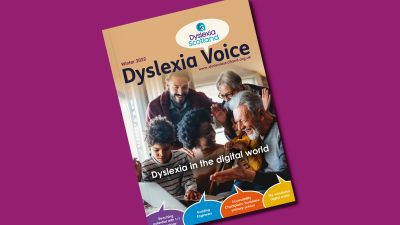 Dyslexia Voice magazine against a berry-coloured background.