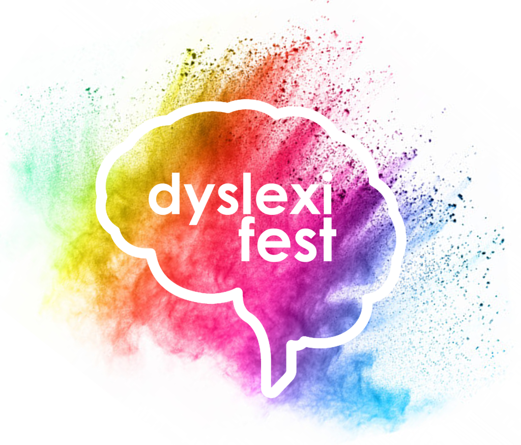 The DyselxiFest logo - a white outline of a brain shape overlayed against an explosion of vivid colour.