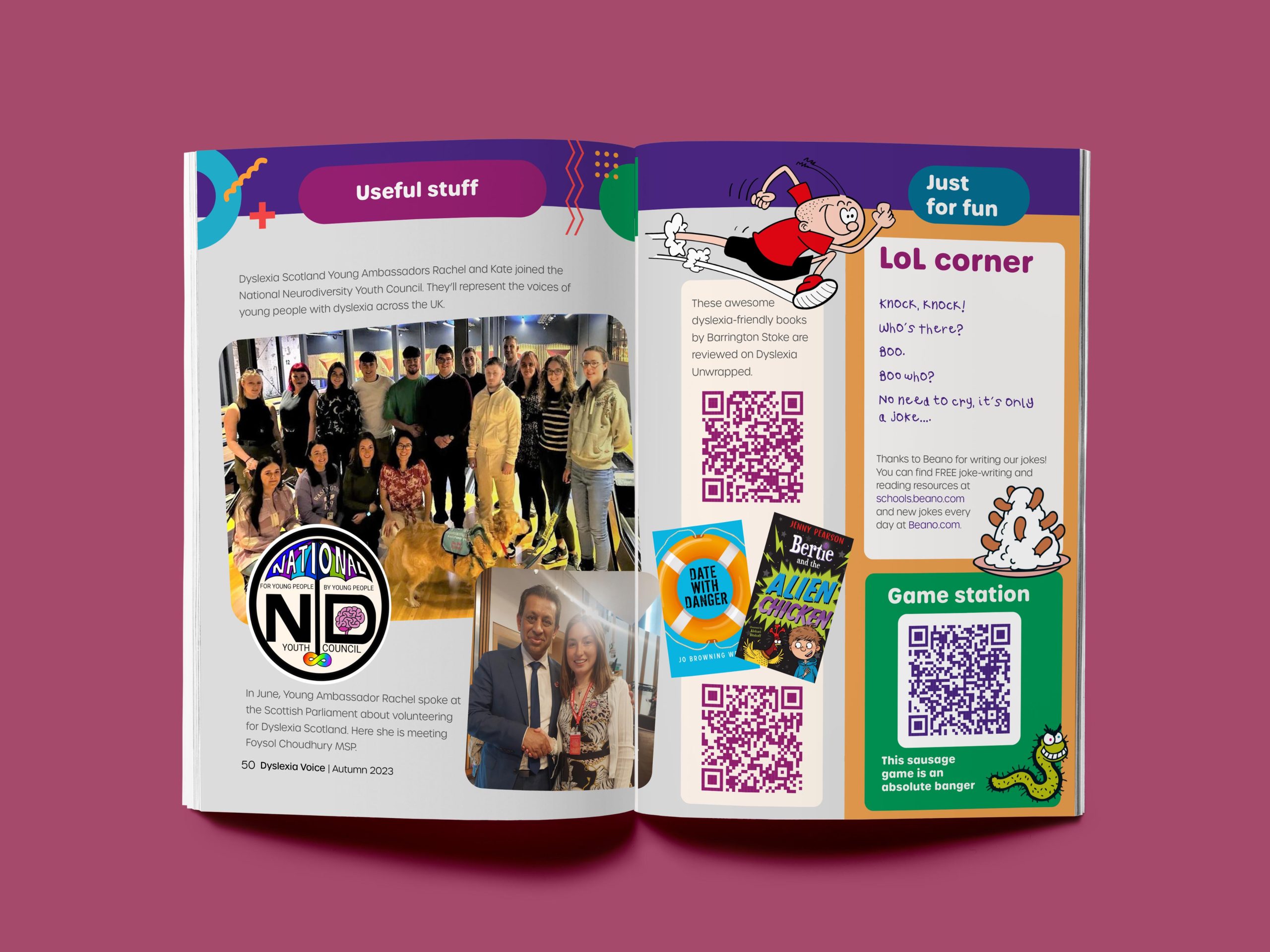 Inside pages of Dyslexia Voice magazine open at children and young people's section.