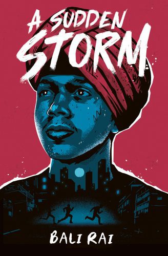 The cover of Storm by Bali Rai. An illustrative portrait of a young person wearing a turban. A city scape below shows figures running in the dark.
