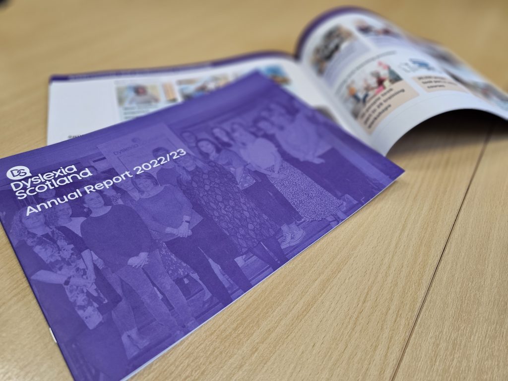 Dyslexia Scotland's Annual Report 2022/23 - a purple A4 booklet.