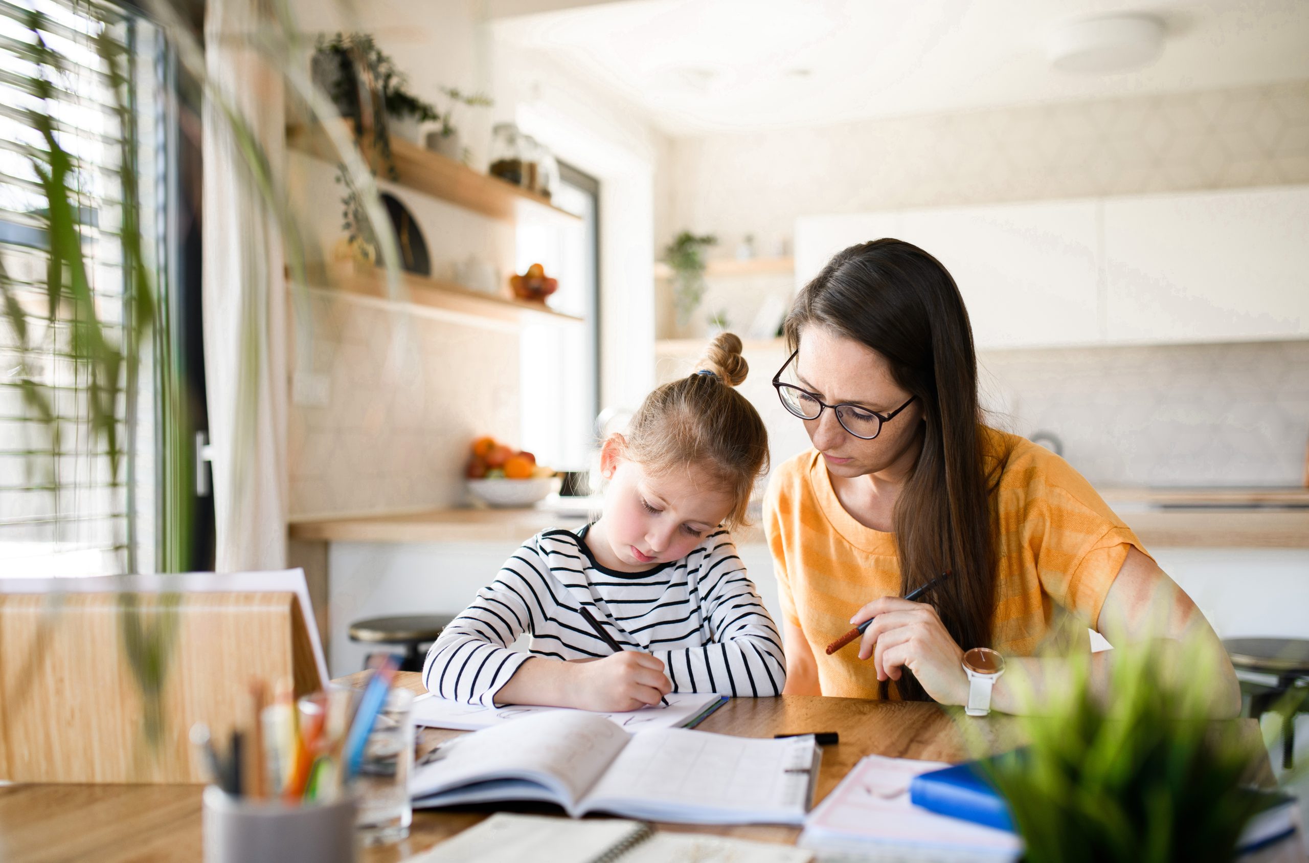 Parent and child doding educatioonal work in a home setting
