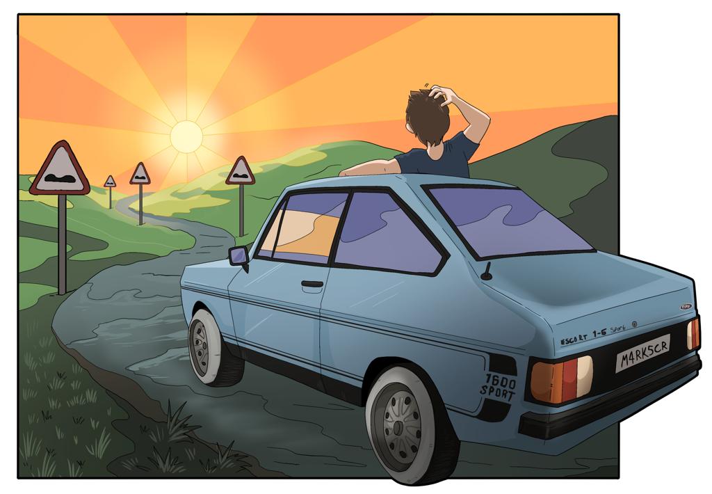 Illustration of Mark Stoddart by a car.