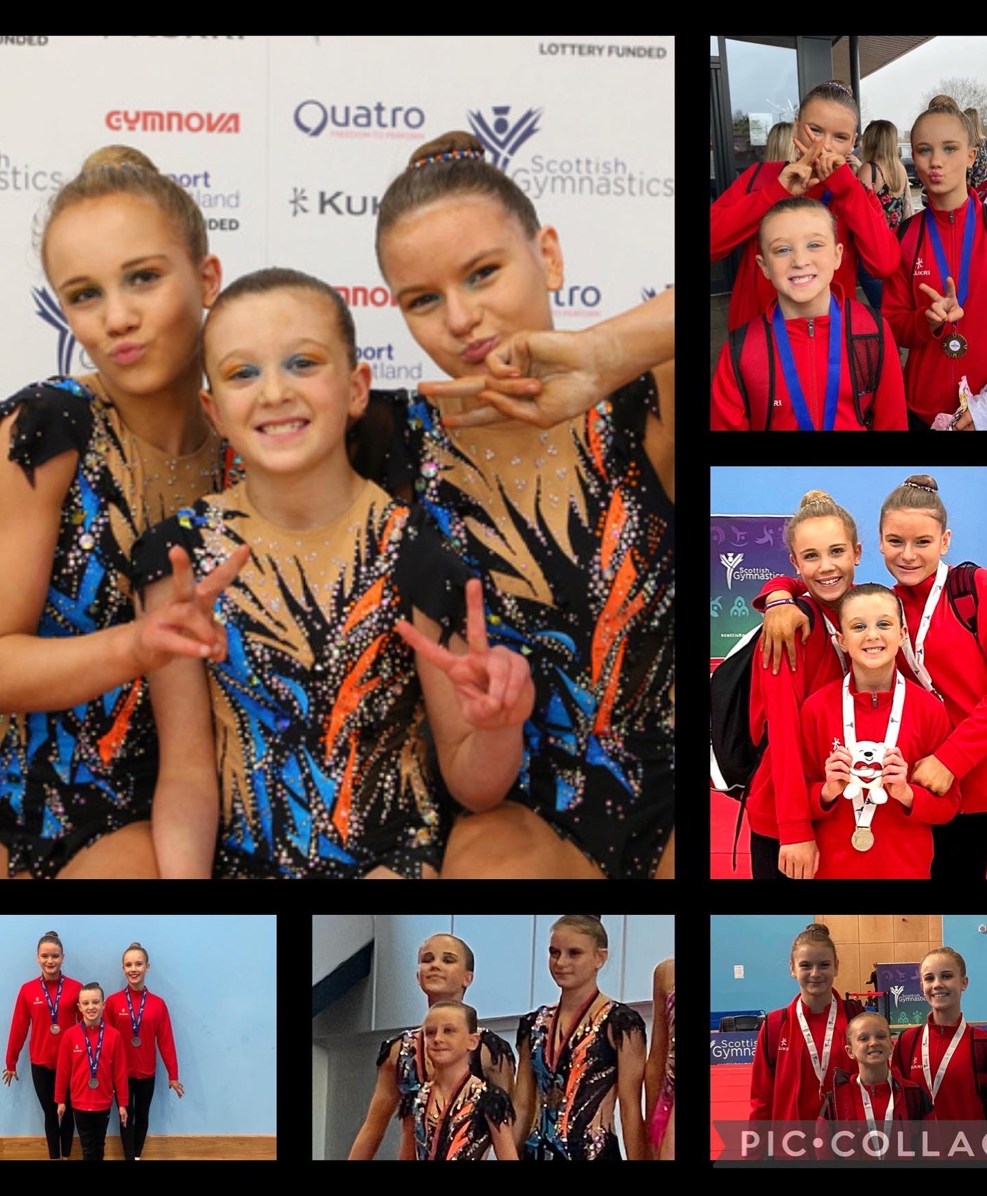 Photo colleage of Freya and friends in gymnasts' leotards