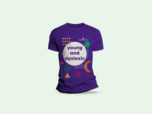 Purple t-shirt with bright, abstract pattern design and the words 'young and dyslexic'