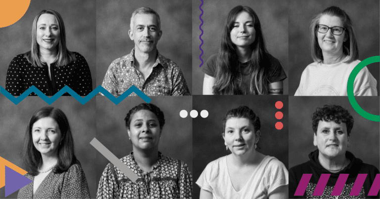 Black and white portraits of 8 people smiling. Colourful geometric graphics overlaid on their images.