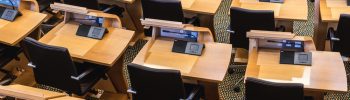 Bird's eye view of seats in the Scottish Parliament debating chamber