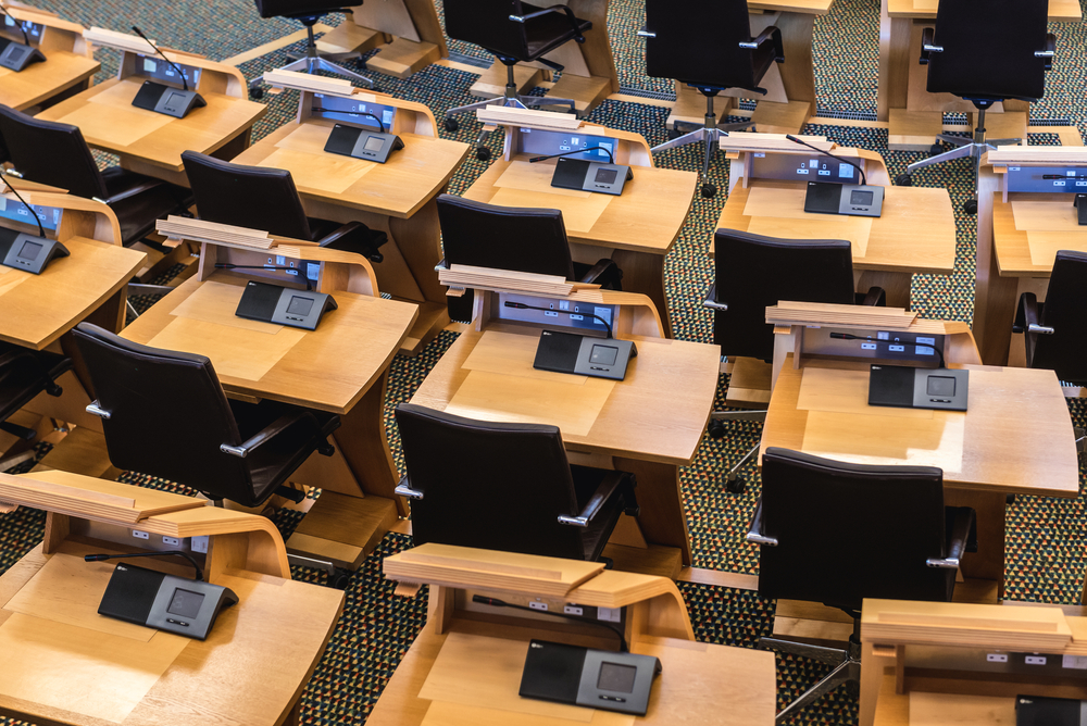 Bird's eye view of seats in the Scottish Parliament debating chamber