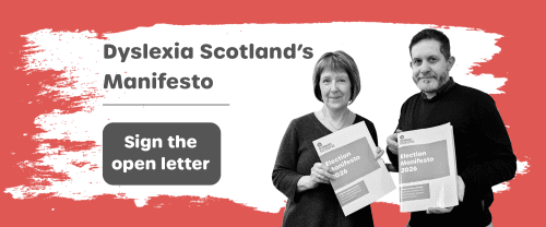 Representatives of Dyslexia Scotland with manifestos. Text reads, sign our open letter