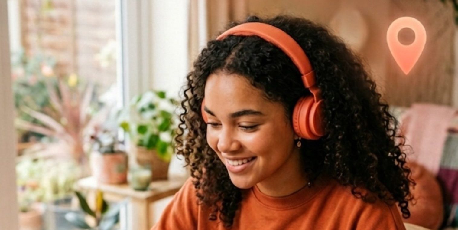A woman wearing headphones at her laptop