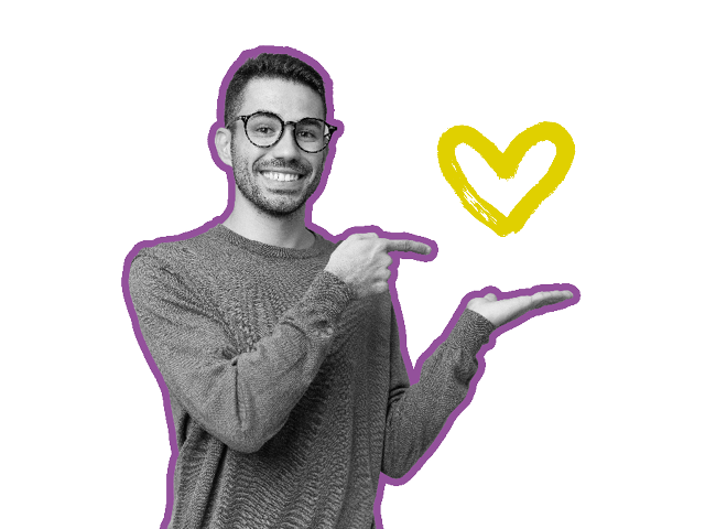 A man points to a heart shape floating above his open palm