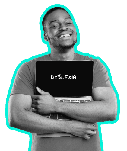 A man smiling, embracing a laptop